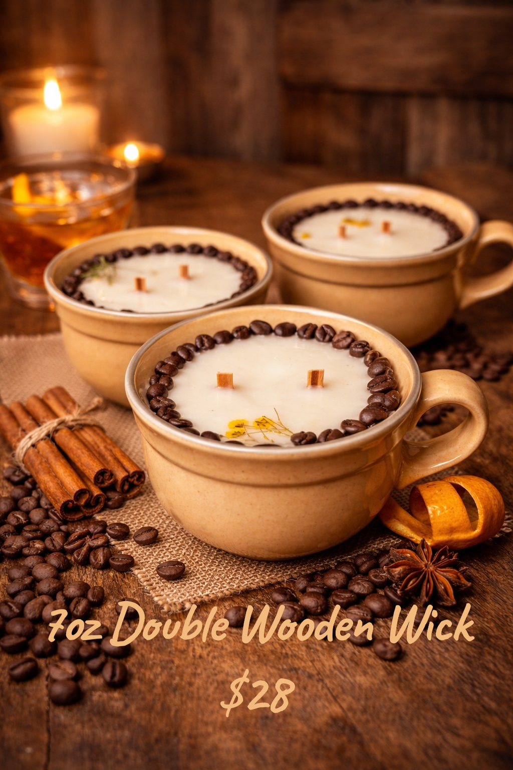 7oz Coffee Old Fashioned Candle w/Double Wooden Wick (1 pc)